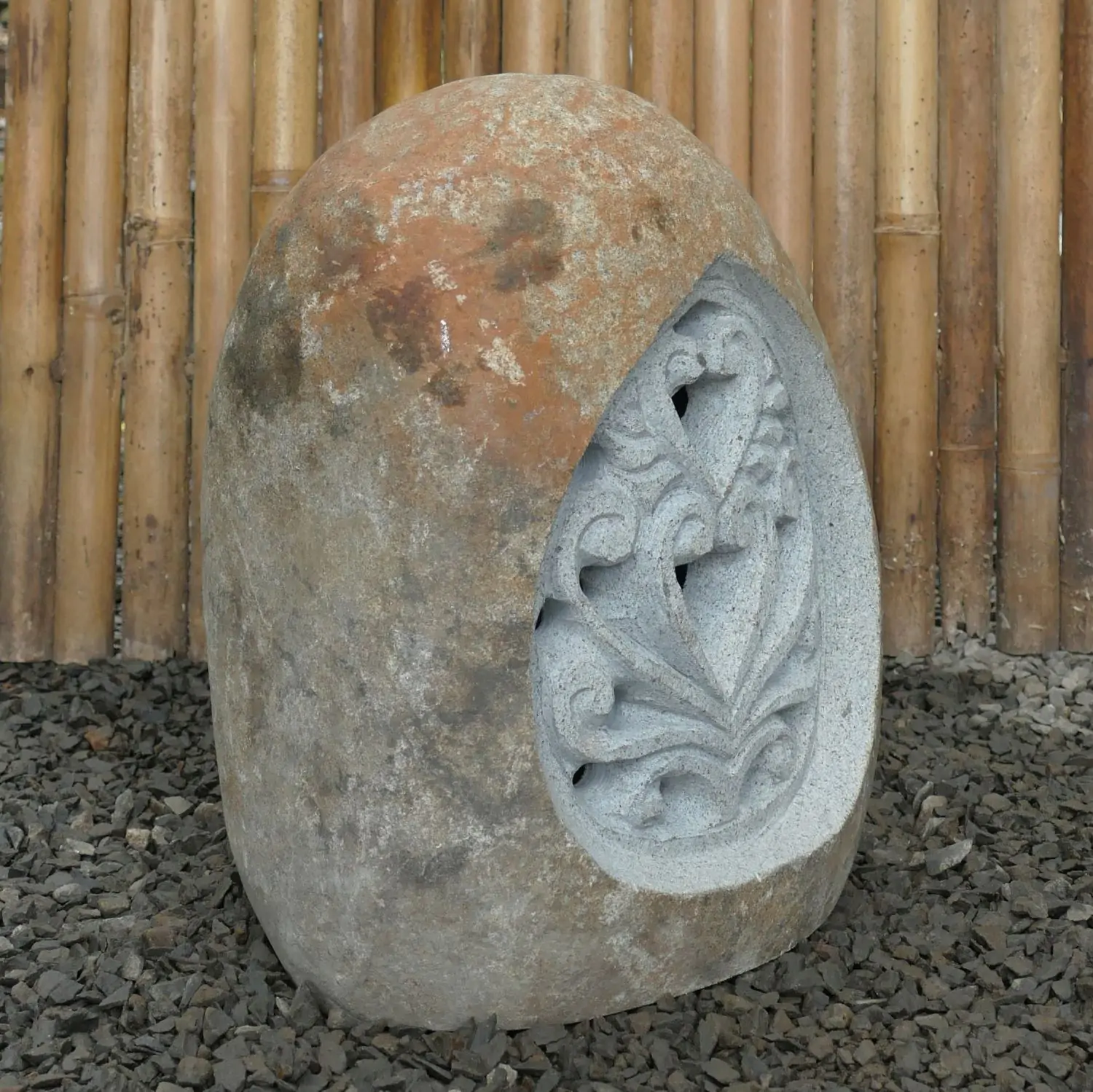  Product image 4 of the product “Riverstone Lantern with carved motiv on one side, Light can shine through. in the sizes from 35cm to 55cm, Natural finish ”